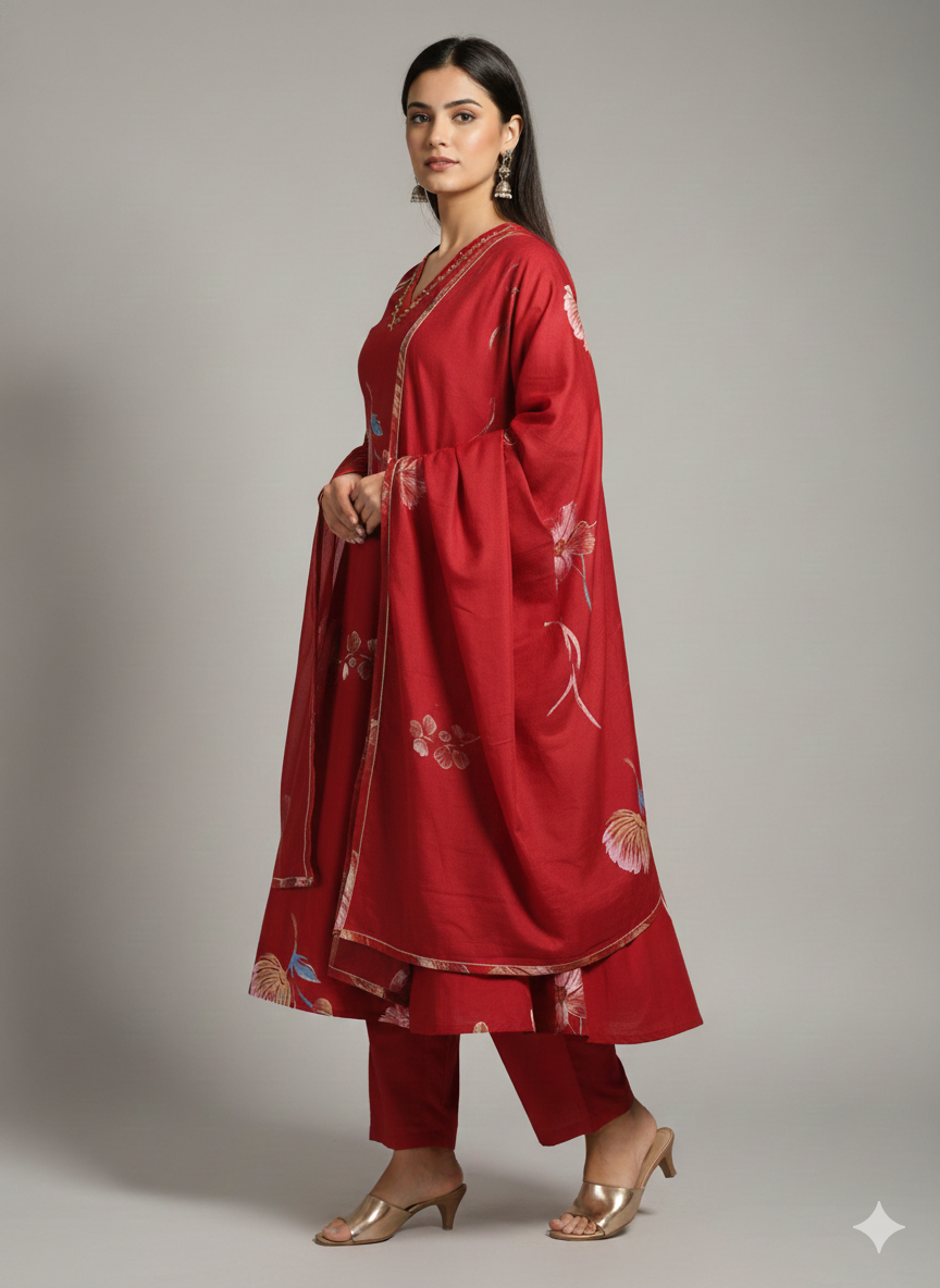 Maroon Floral Embroidered 3 Piece Kurta Set - Elegant Office to Party Wear | Comfortable Daily Wear Suit for Women