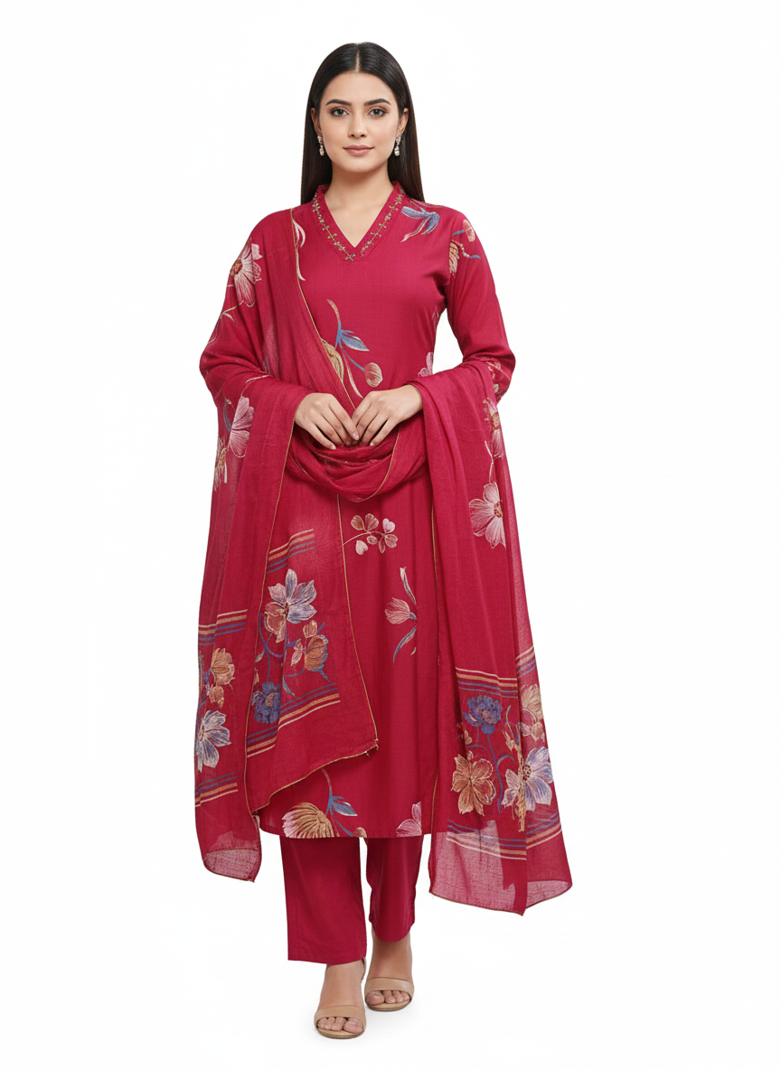 Maroon Floral Embroidered 3 Piece Kurta Set - Elegant Office to Party Wear | Comfortable Daily Wear Suit for Women