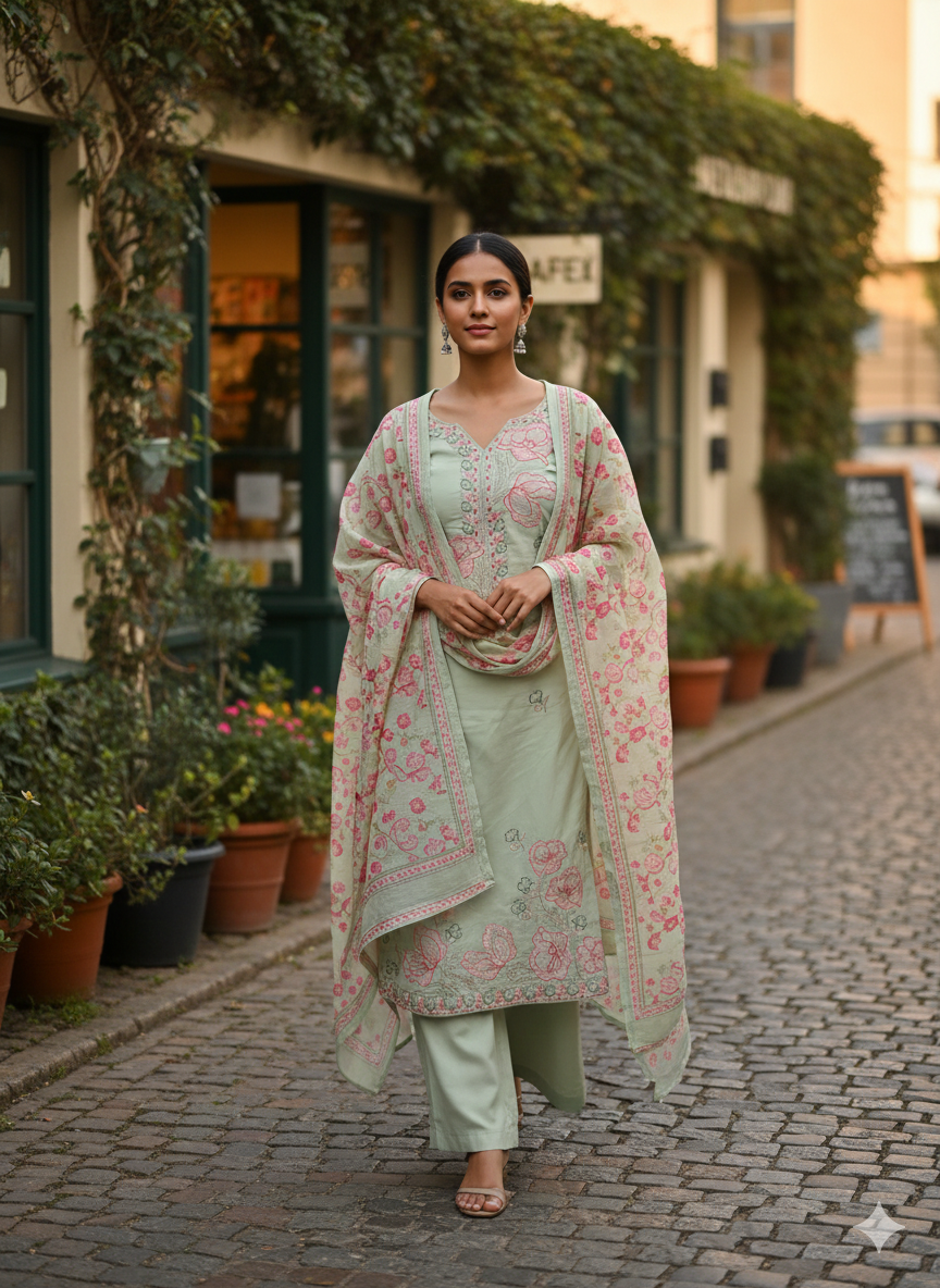 Mint Green Floral Embroidered 3 Piece Kurta Set - Lightweight Summer Office Wear | Elegant Daily Wear Suit with Pink Embroidery