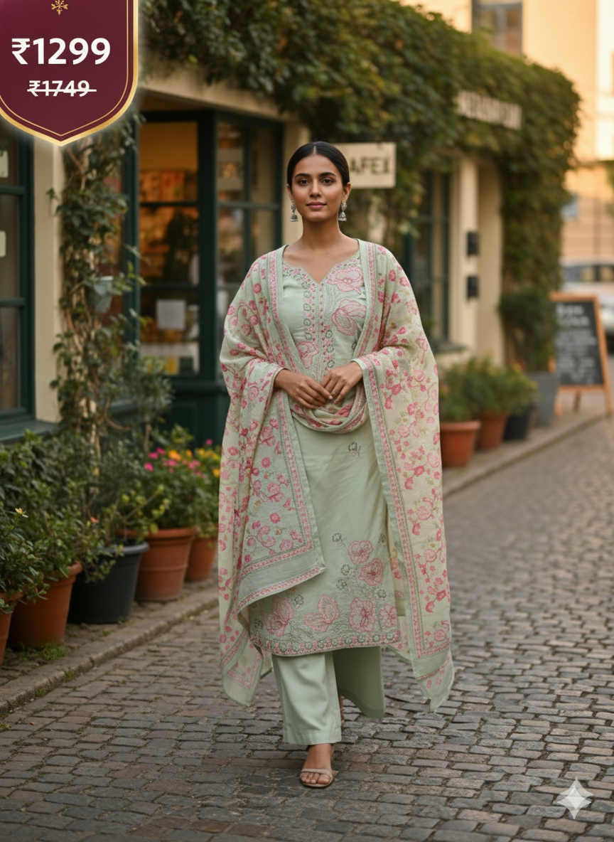 Mint Green Floral Embroidered 3 Piece Kurta Set - Lightweight Summer Office Wear | Elegant Daily Wear Suit with Pink Embroidery