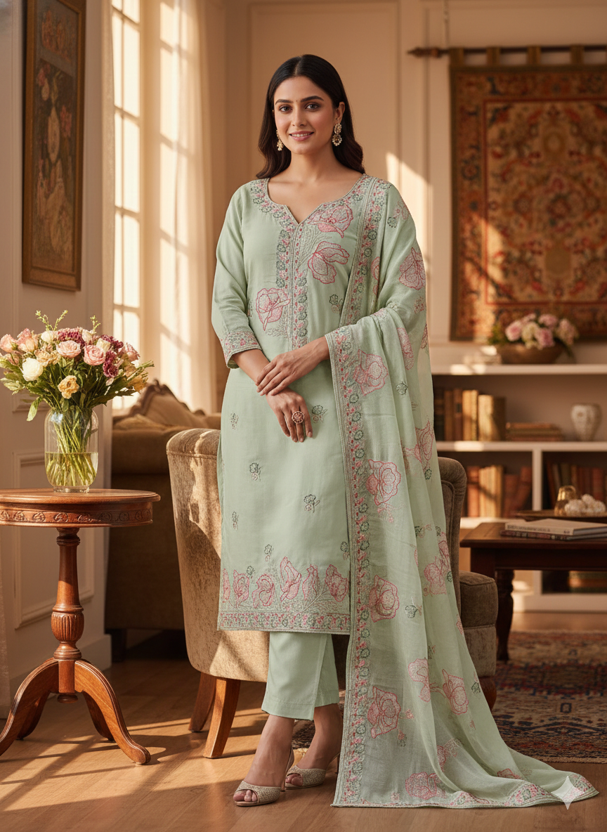 Mint Green Floral Embroidered 3 Piece Kurta Set - Lightweight Summer Office Wear | Elegant Daily Wear Suit with Pink Embroidery