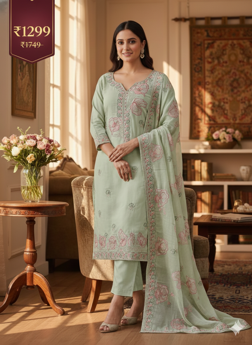 Mint Green Floral Embroidered 3 Piece Kurta Set - Lightweight Summer Office Wear | Elegant Daily Wear Suit with Pink Embroidery