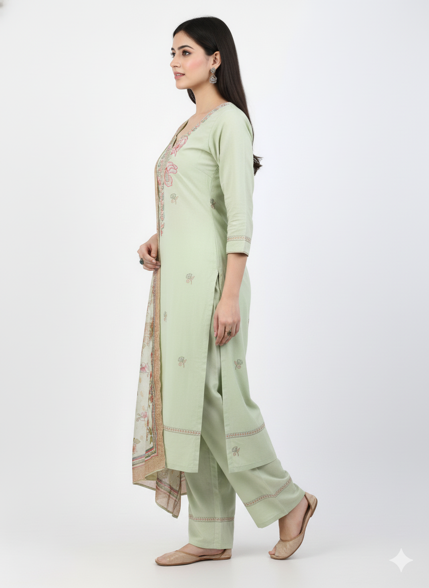 Mint Green Floral Embroidered 3 Piece Kurta Set - Lightweight Summer Office Wear | Elegant Daily Wear Suit with Pink Embroidery
