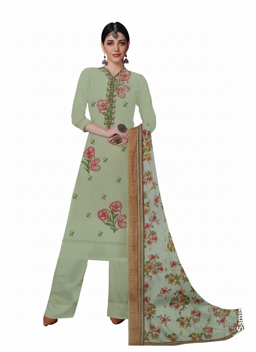 Mint Green Floral Embroidered 3 Piece Kurta Set - Lightweight Summer Office Wear | Elegant Daily Wear Suit with Pink Embroidery