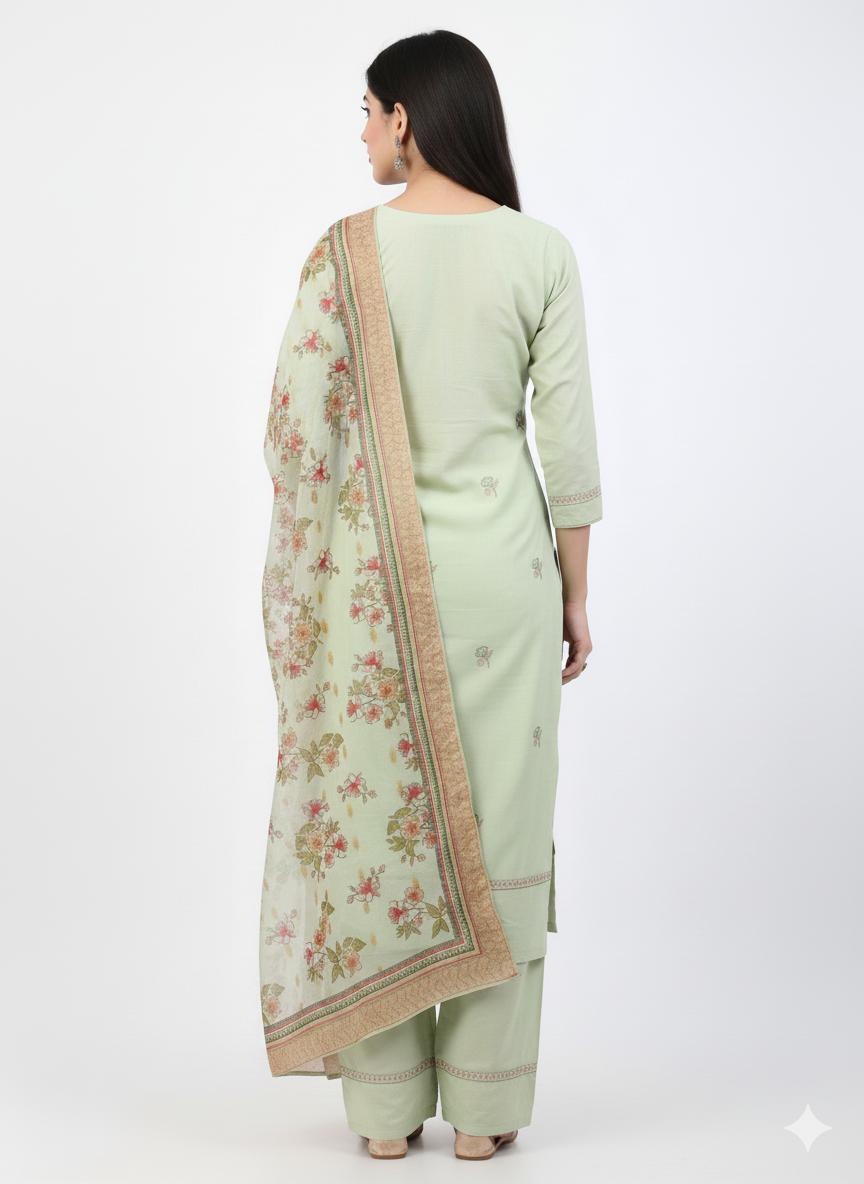 Mint Green Floral Embroidered 3 Piece Kurta Set - Lightweight Summer Office Wear | Elegant Daily Wear Suit with Pink Embroidery