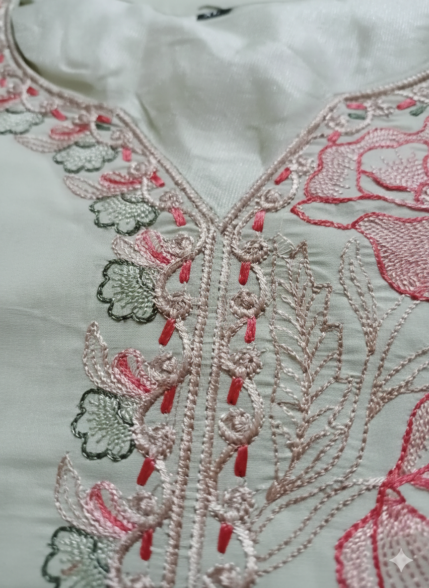 Mint Green Floral Embroidered 3 Piece Kurta Set - Lightweight Summer Office Wear | Elegant Daily Wear Suit with Pink Embroidery