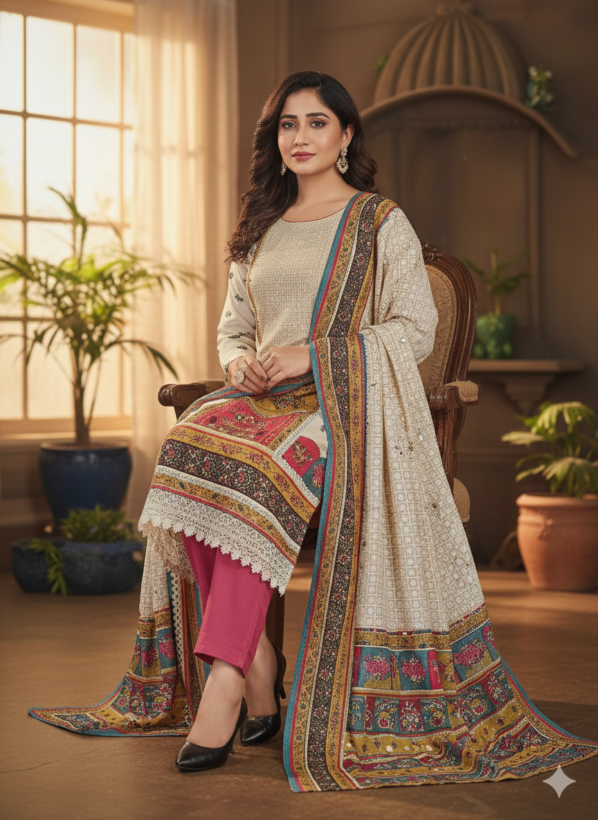 Elegance in Bloom – Multicolor Printed Cream Lawn Suit with Vibrant Dupatta & Pink Trousers (3-Piece Set)