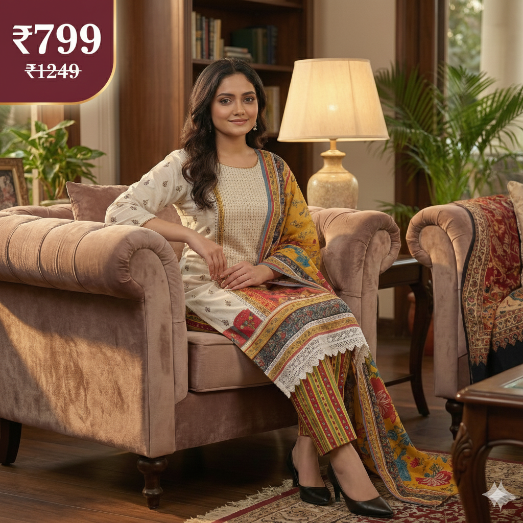Elegance in Bloom – Multicolor Printed Cream Lawn Suit with Vibrant Dupatta & Pink Trousers (3-Piece Set)