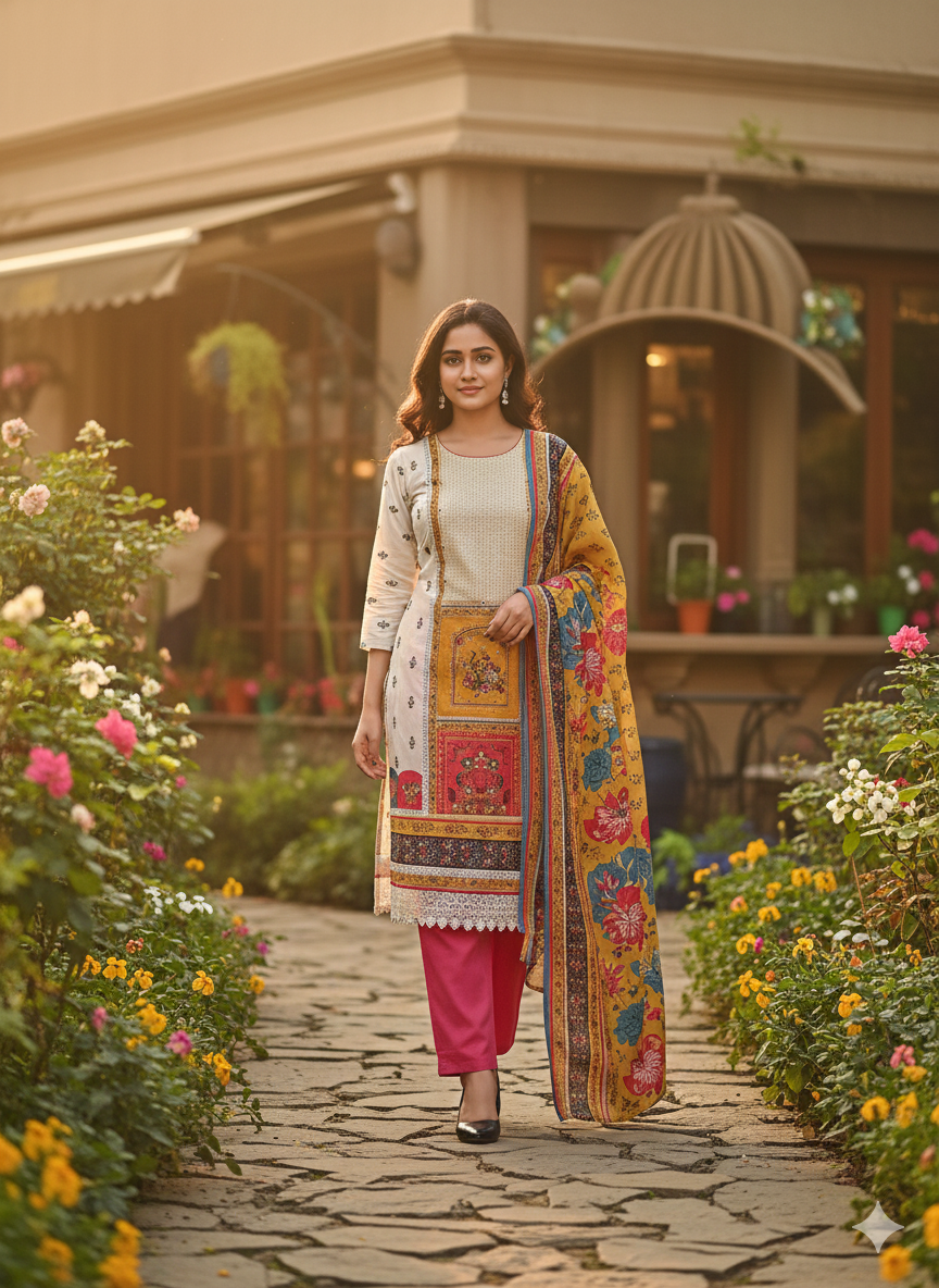 Elegance in Bloom – Multicolor Printed Cream Lawn Suit with Vibrant Dupatta & Pink Trousers (3-Piece Set)
