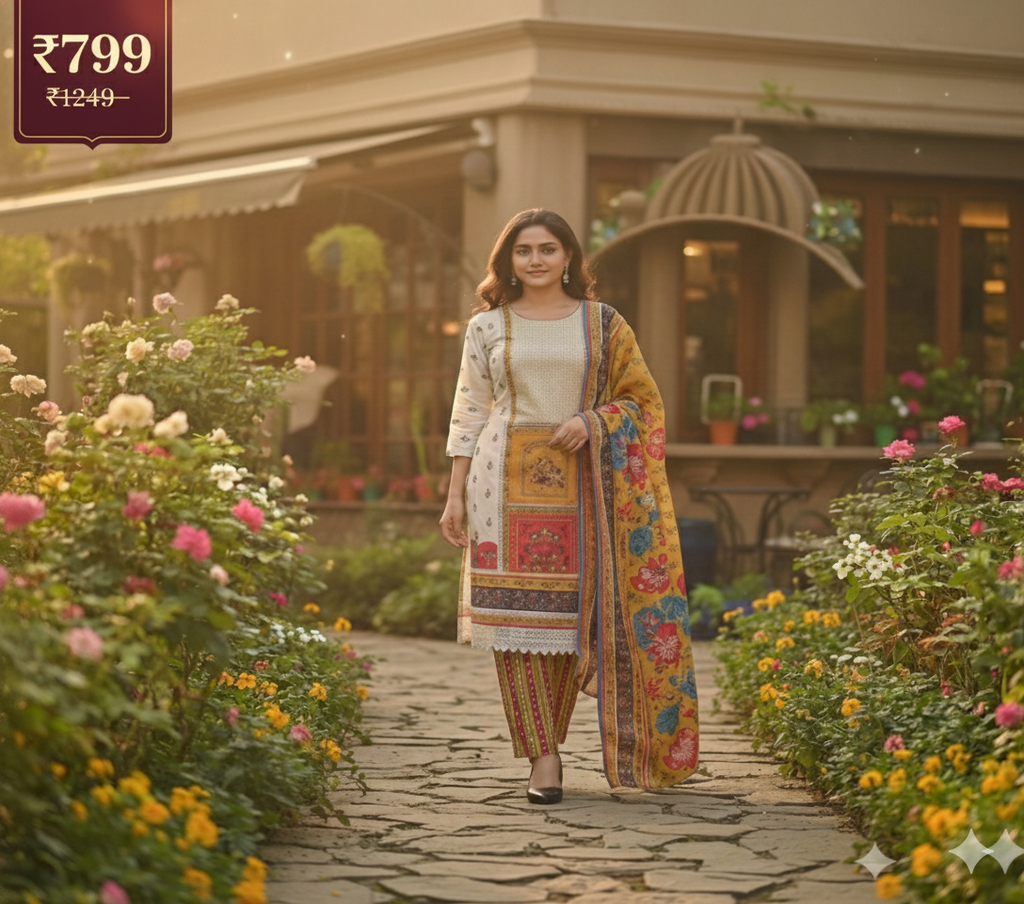 Elegance in Bloom – Multicolor Printed Cream Lawn Suit with Vibrant Dupatta & Pink Trousers (3-Piece Set)