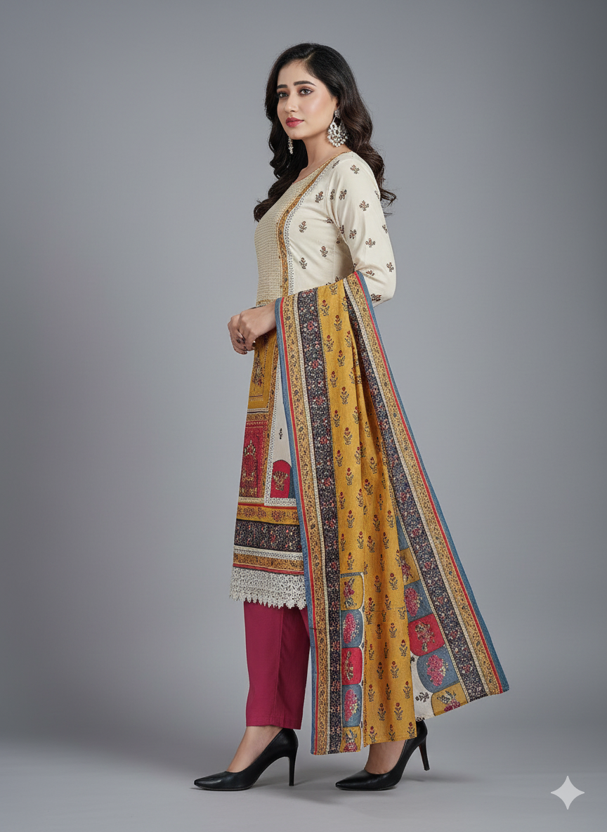 Elegance in Bloom – Multicolor Printed Cream Lawn Suit with Vibrant Dupatta & Pink Trousers (3-Piece Set)