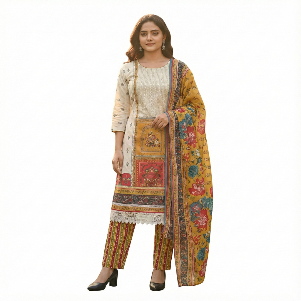 Elegance in Bloom – Multicolor Printed Cream Lawn Suit with Vibrant Dupatta & Pink Trousers (3-Piece Set)