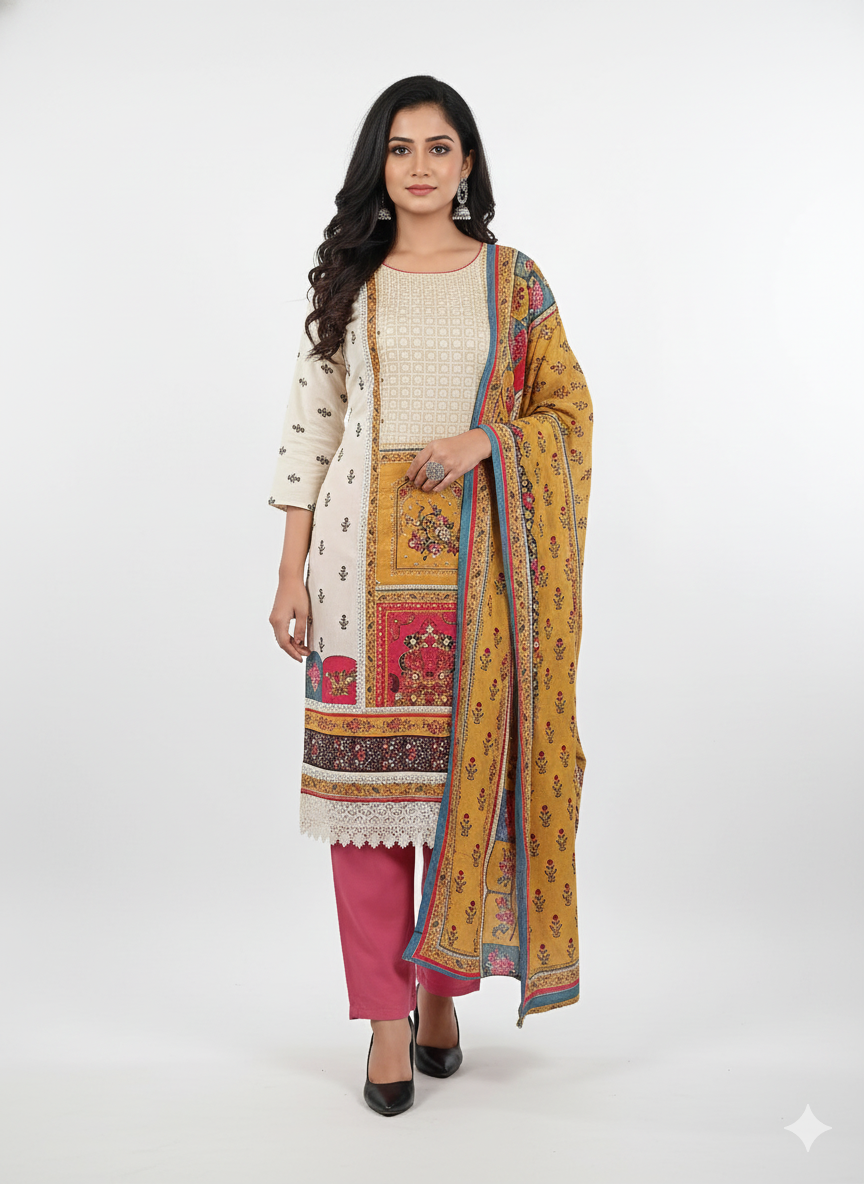 Elegance in Bloom – Multicolor Printed Cream Lawn Suit with Vibrant Dupatta & Pink Trousers (3-Piece Set)