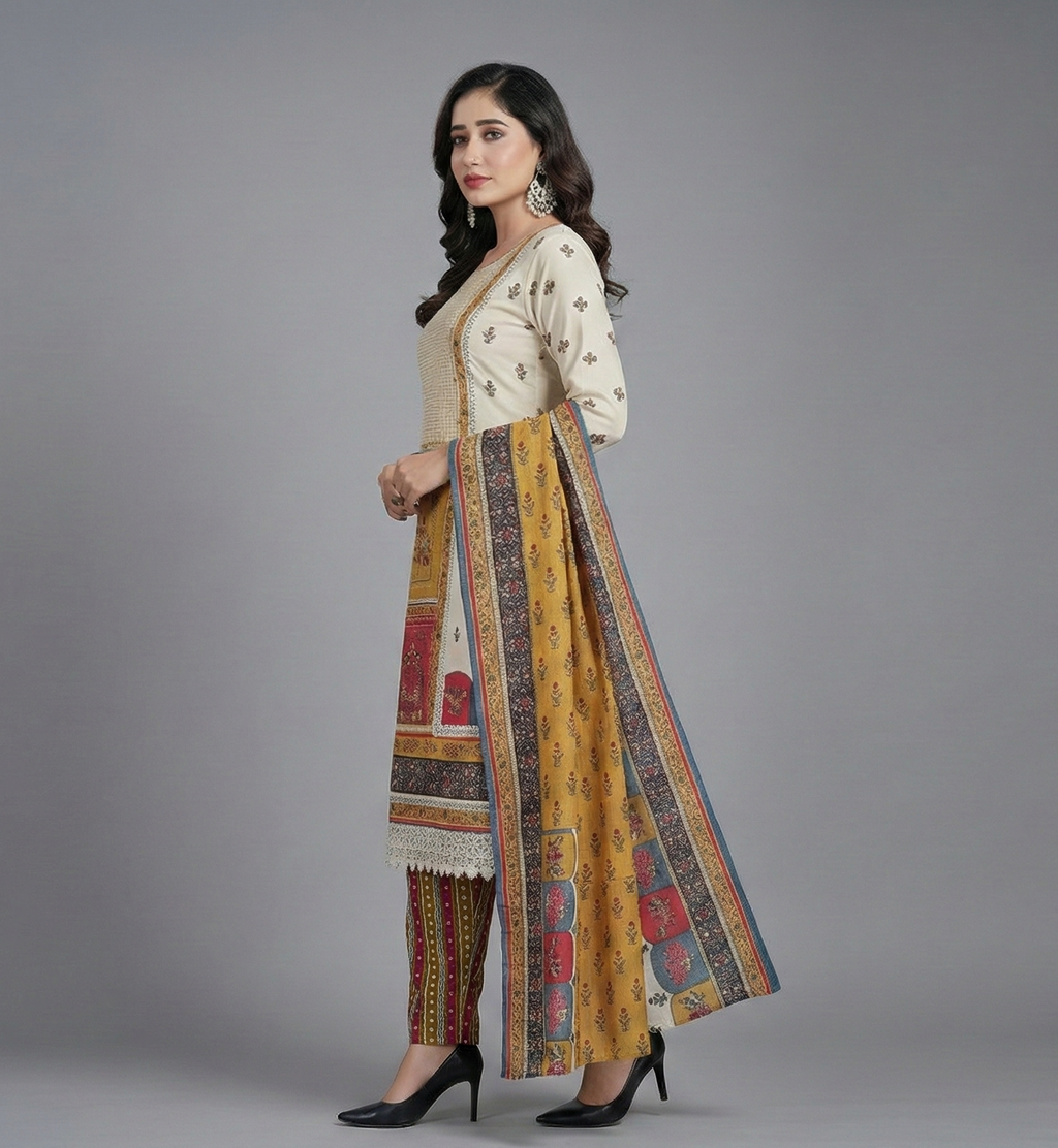 Elegance in Bloom – Multicolor Printed Cream Lawn Suit with Vibrant Dupatta & Pink Trousers (3-Piece Set)