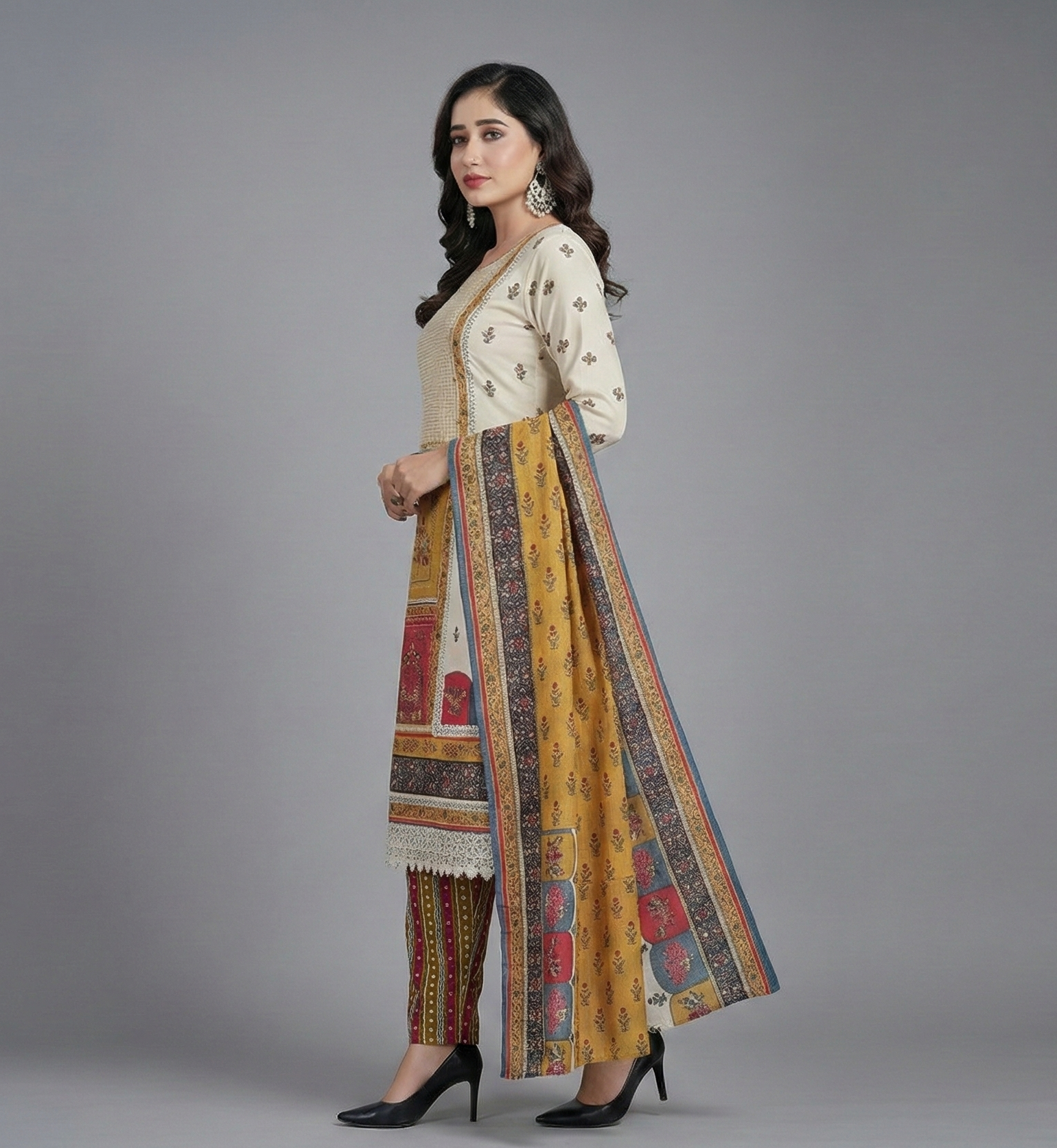 Elegance in Bloom – Multicolor Printed Cream Lawn Suit with Vibrant Dupatta & Pink Trousers (3-Piece Set)