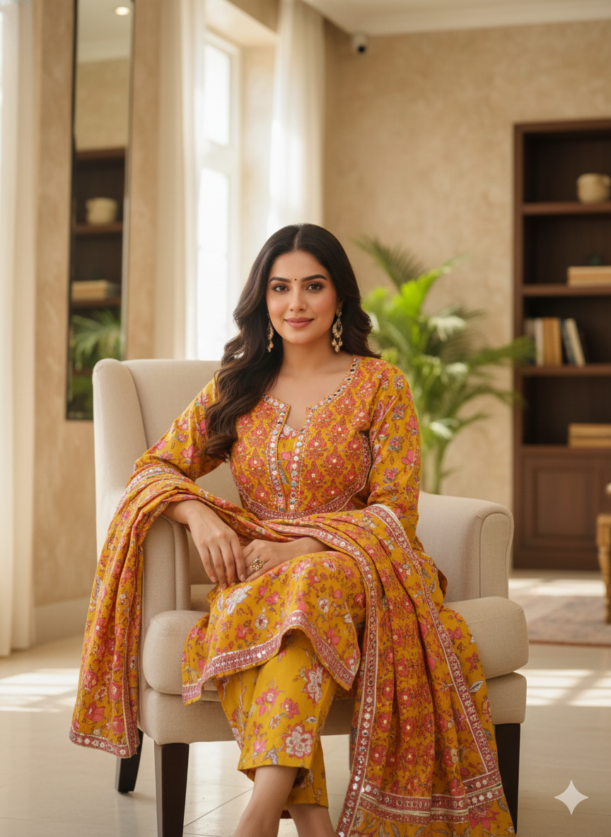 Mustard Rust Printed 3-Piece Kurta Set for Women – Elegant Floral Kurti with Pants & Dupatta | Festive Ethnic Wear