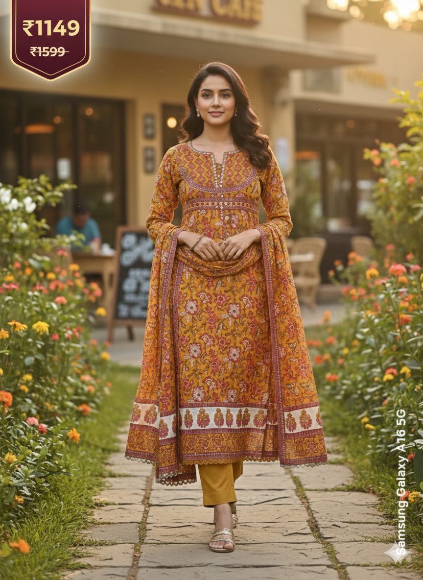 Mustard Rust Printed 3-Piece Kurta Set for Women – Elegant Floral Kurti with Pants & Dupatta | Festive Ethnic Wear