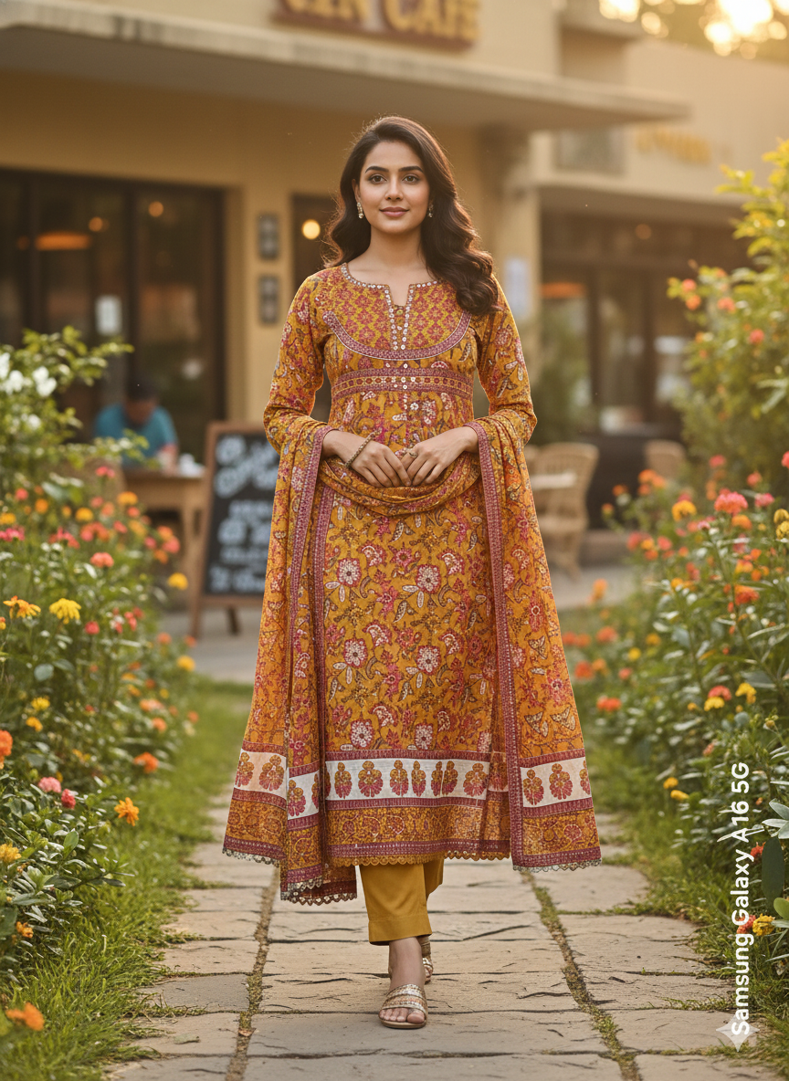 Mustard Rust Printed 3-Piece Kurta Set for Women – Elegant Floral Kurti with Pants & Dupatta | Festive Ethnic Wear