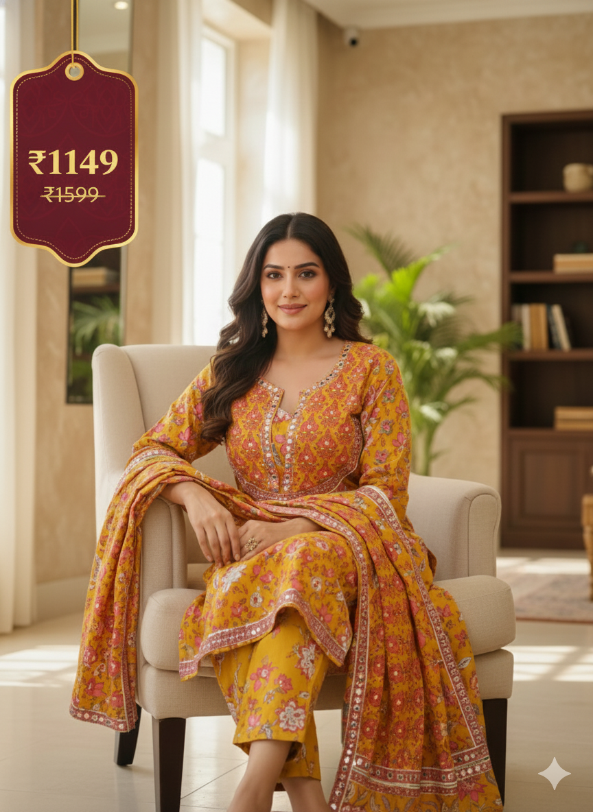 Mustard Rust Printed 3-Piece Kurta Set for Women – Elegant Floral Kurti with Pants & Dupatta | Festive Ethnic Wear