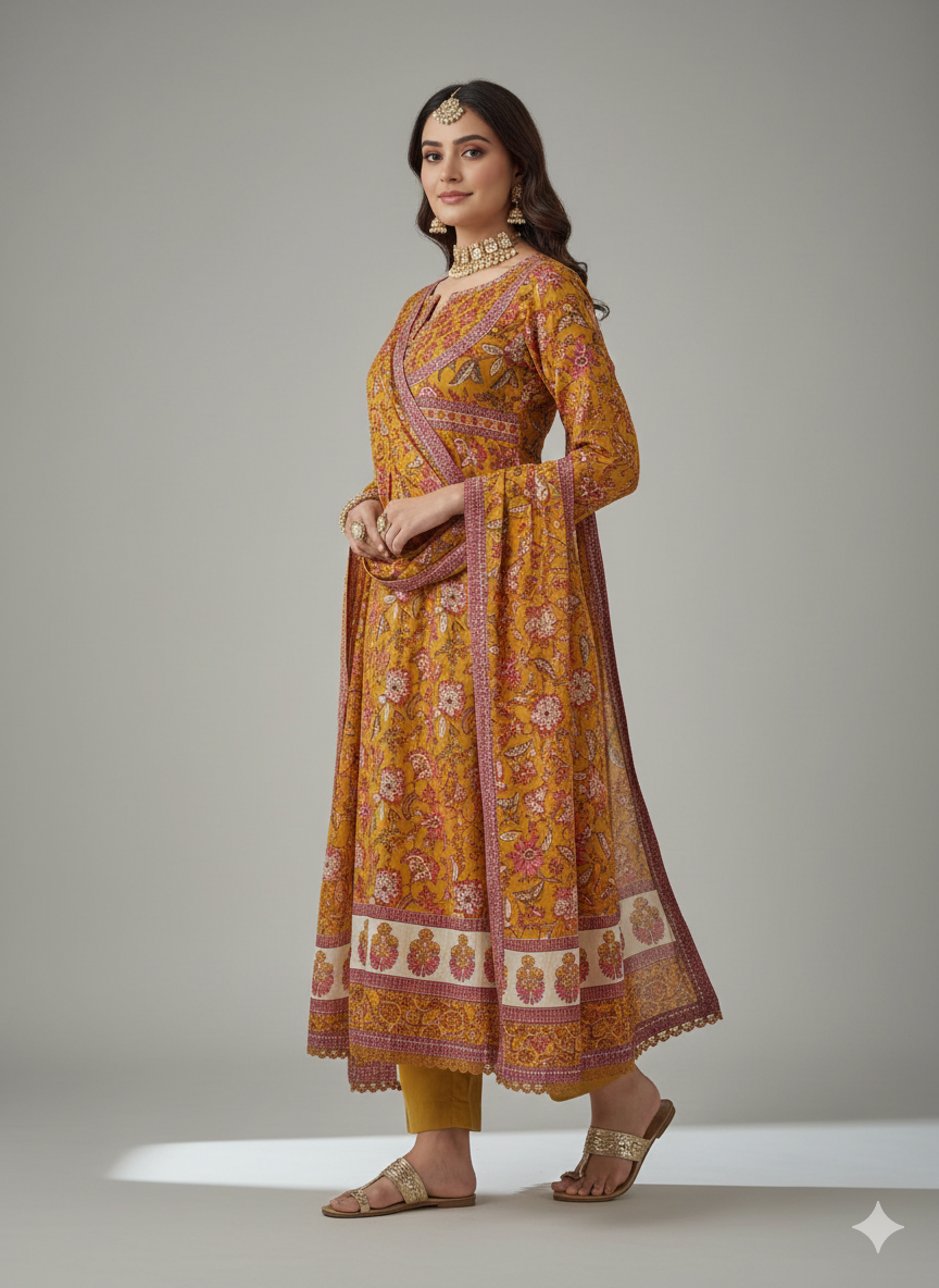 Mustard Rust Printed 3-Piece Kurta Set for Women – Elegant Floral Kurti with Pants & Dupatta | Festive Ethnic Wear