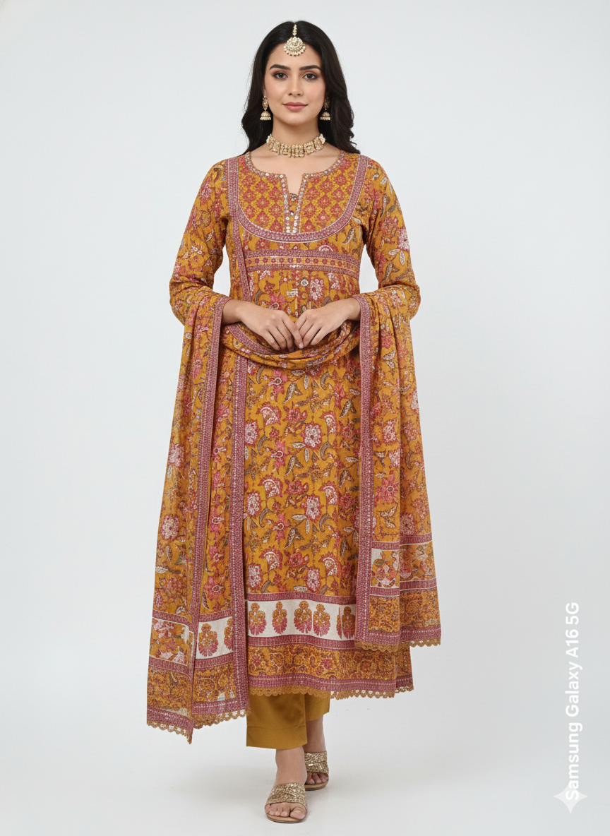 Mustard Rust Printed 3-Piece Kurta Set for Women – Elegant Floral Kurti with Pants & Dupatta | Festive Ethnic Wear