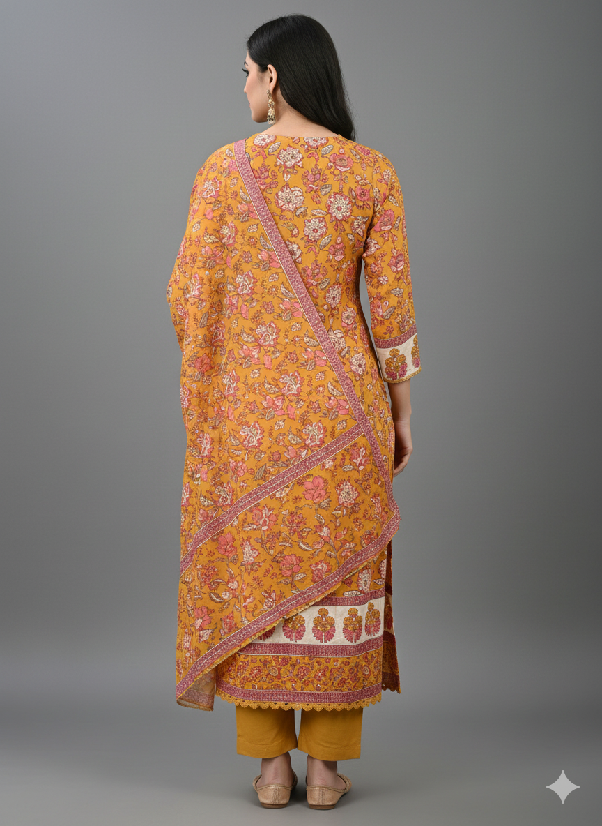 Mustard Rust Printed 3-Piece Kurta Set for Women – Elegant Floral Kurti with Pants & Dupatta | Festive Ethnic Wear