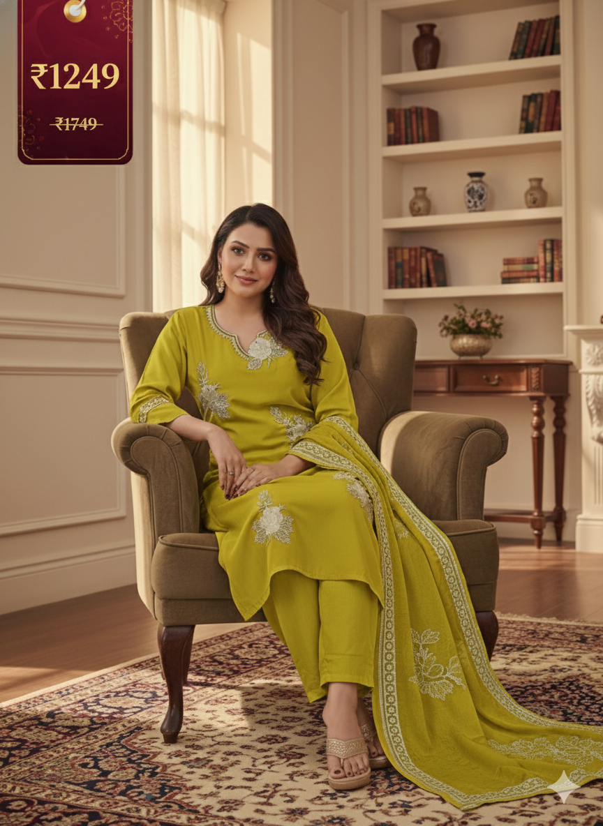 Mustard Yellow Embroidered 3-Piece Suit for Women – Premium Shirt, Trouser & Dupatta | Stylish Festive & Everyday Wear
