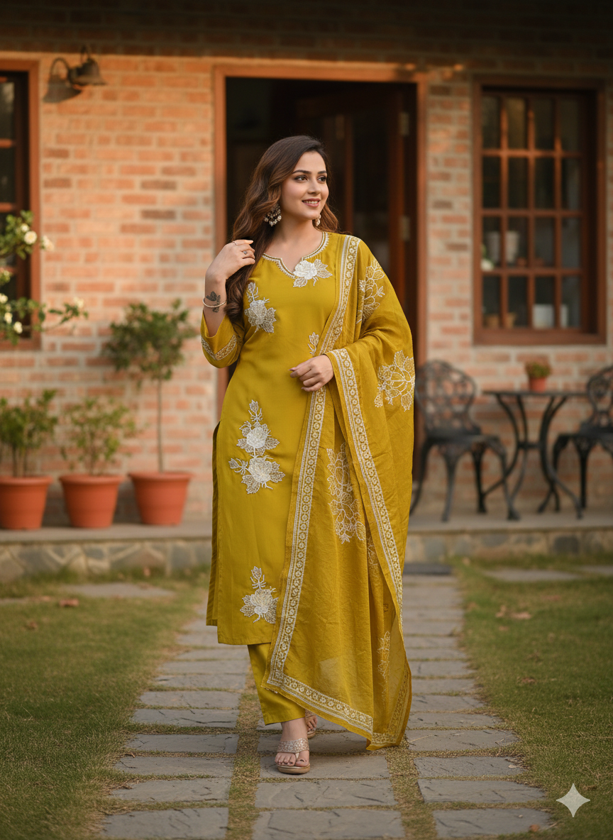 Mustard Yellow Embroidered 3-Piece Suit for Women – Premium Shirt, Trouser & Dupatta | Stylish Festive & Everyday Wear