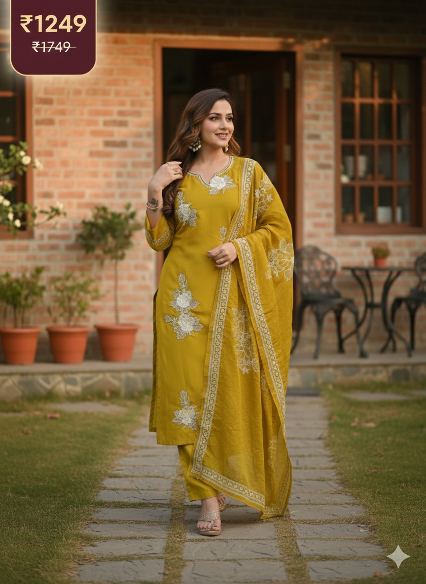 Mustard Yellow Embroidered 3-Piece Suit for Women – Premium Shirt, Trouser & Dupatta | Stylish Festive & Everyday Wear