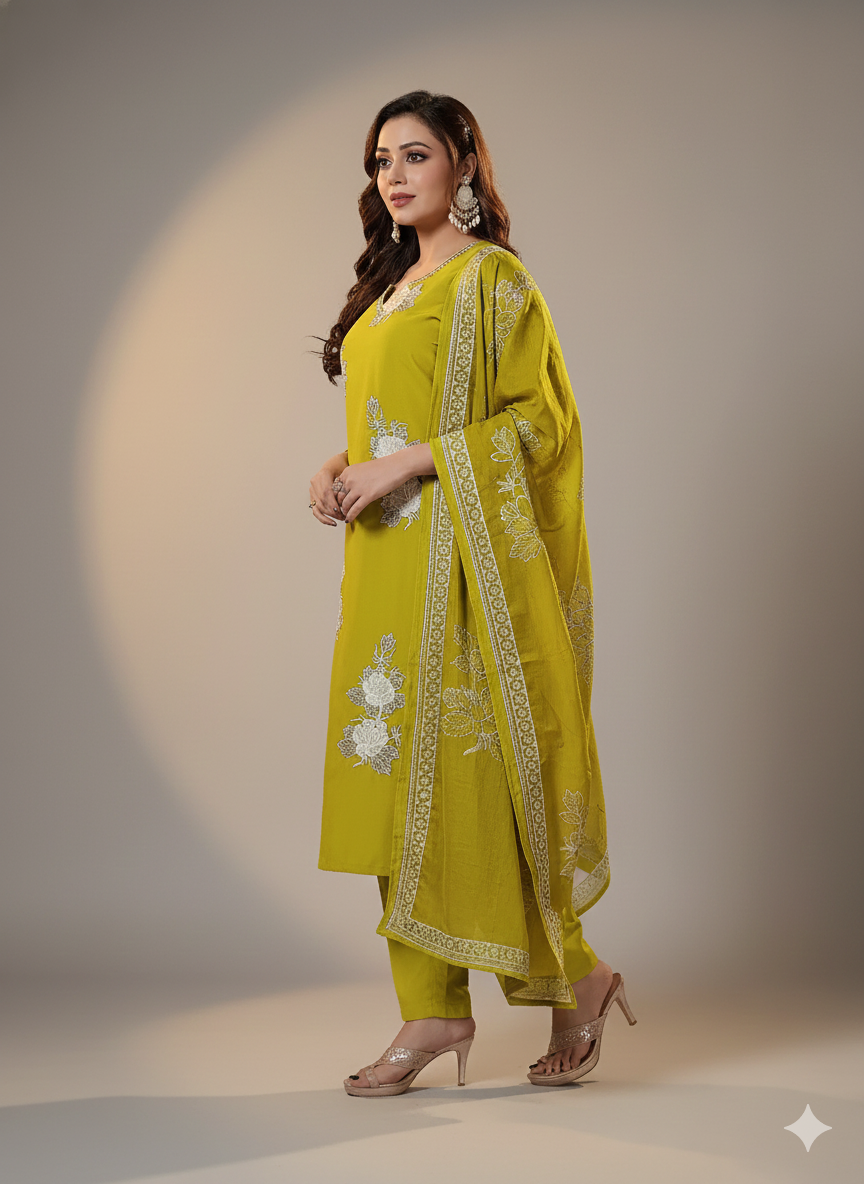 Mustard Yellow Embroidered 3-Piece Suit for Women – Premium Shirt, Trouser & Dupatta | Stylish Festive & Everyday Wear