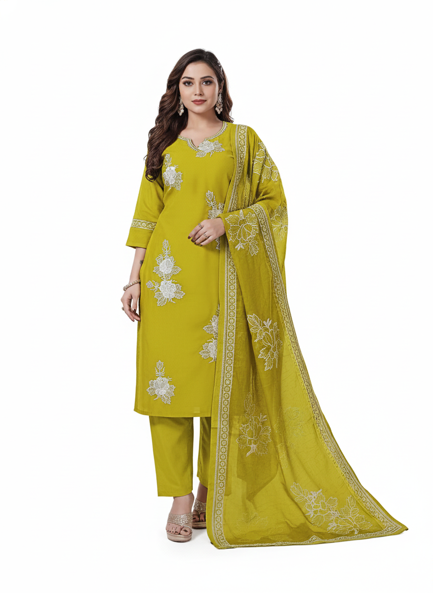 Mustard Yellow Embroidered 3-Piece Suit for Women – Premium Shirt, Trouser & Dupatta | Stylish Festive & Everyday Wear