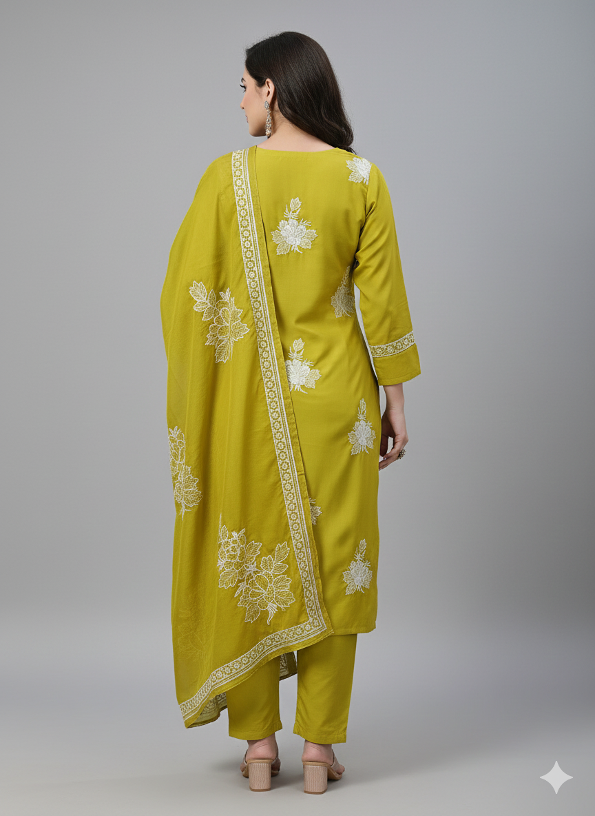 Mustard Yellow Embroidered 3-Piece Suit for Women – Premium Shirt, Trouser & Dupatta | Stylish Festive & Everyday Wear