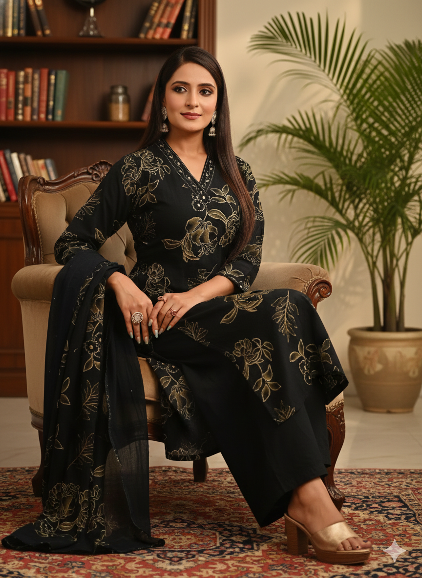 Navy Blue Floral Print Suit Set | 3 Piece Salwar Kameez with Pants | Office to Party Wear | Festive Dress