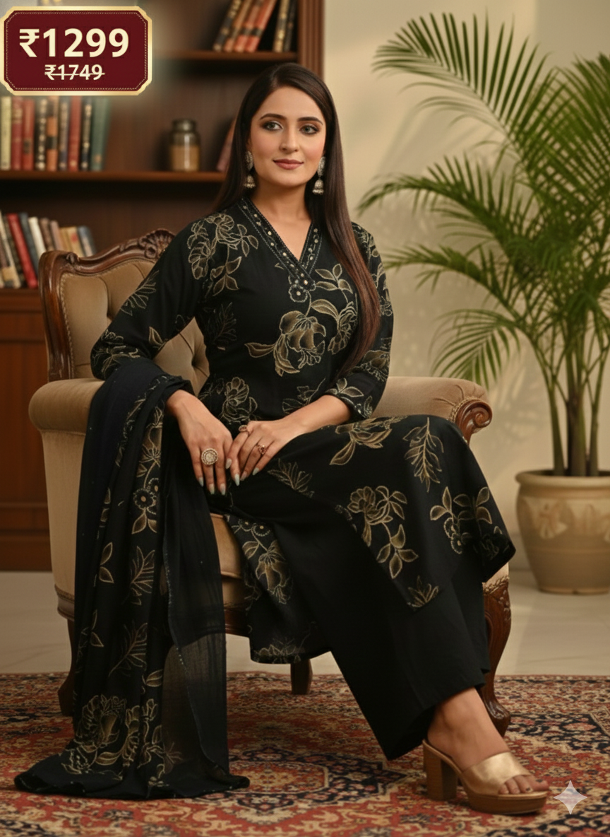 Navy Blue Floral Print Suit Set | 3 Piece Salwar Kameez with Pants | Office to Party Wear | Festive Dress