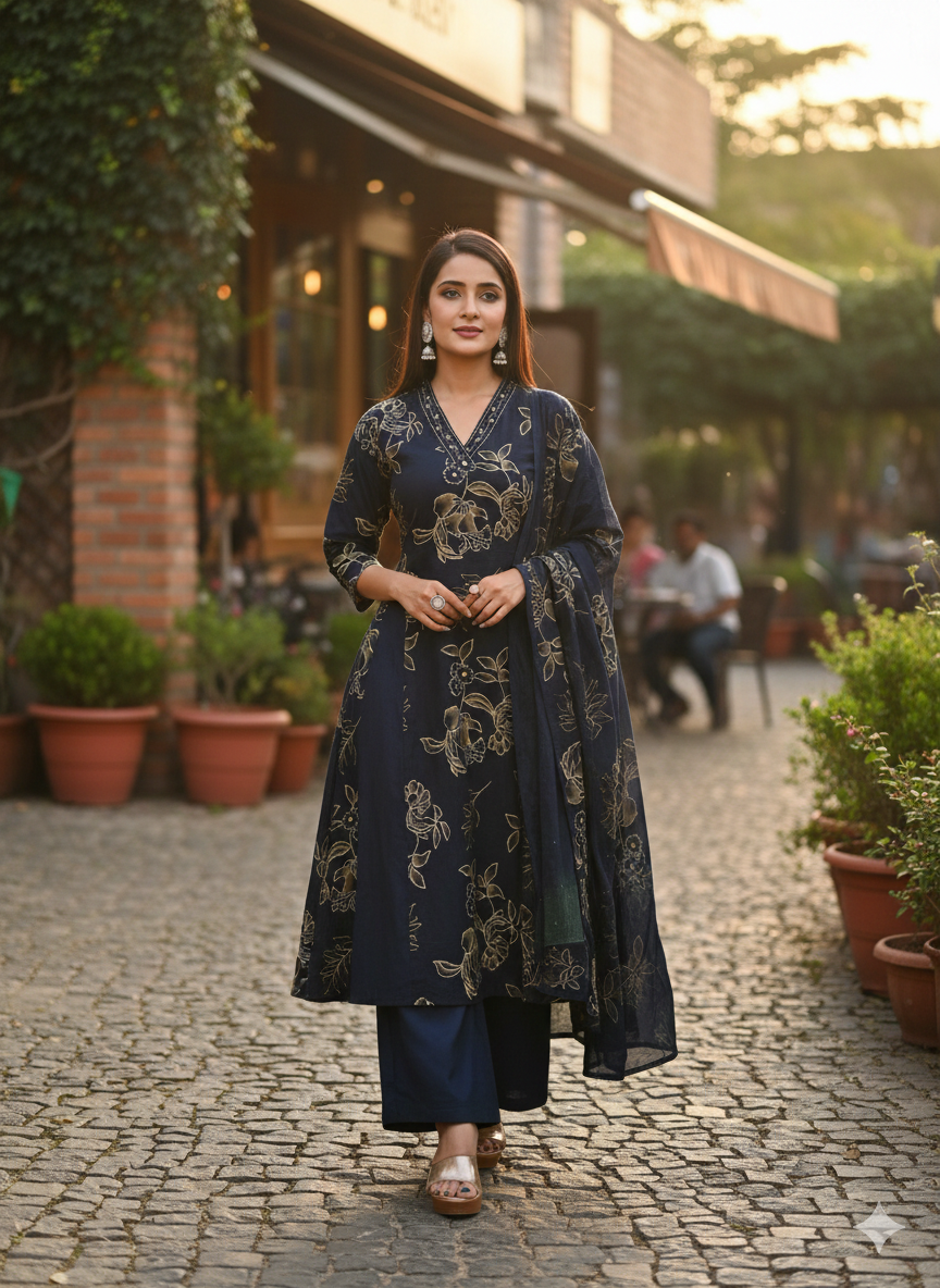 Navy Blue Floral Print Suit Set | 3 Piece Salwar Kameez with Pants | Office to Party Wear | Festive Dress