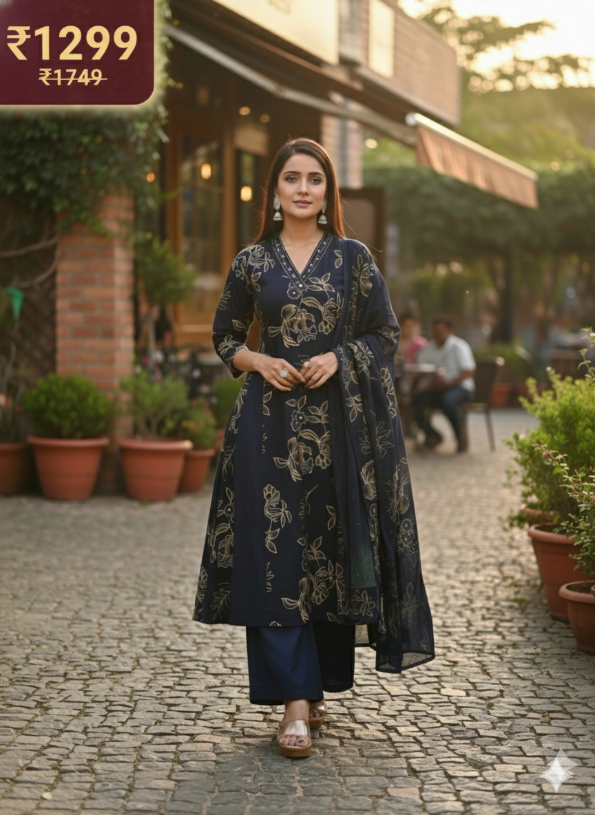 Navy Blue Floral Print Suit Set | 3 Piece Salwar Kameez with Pants | Office to Party Wear | Festive Dress
