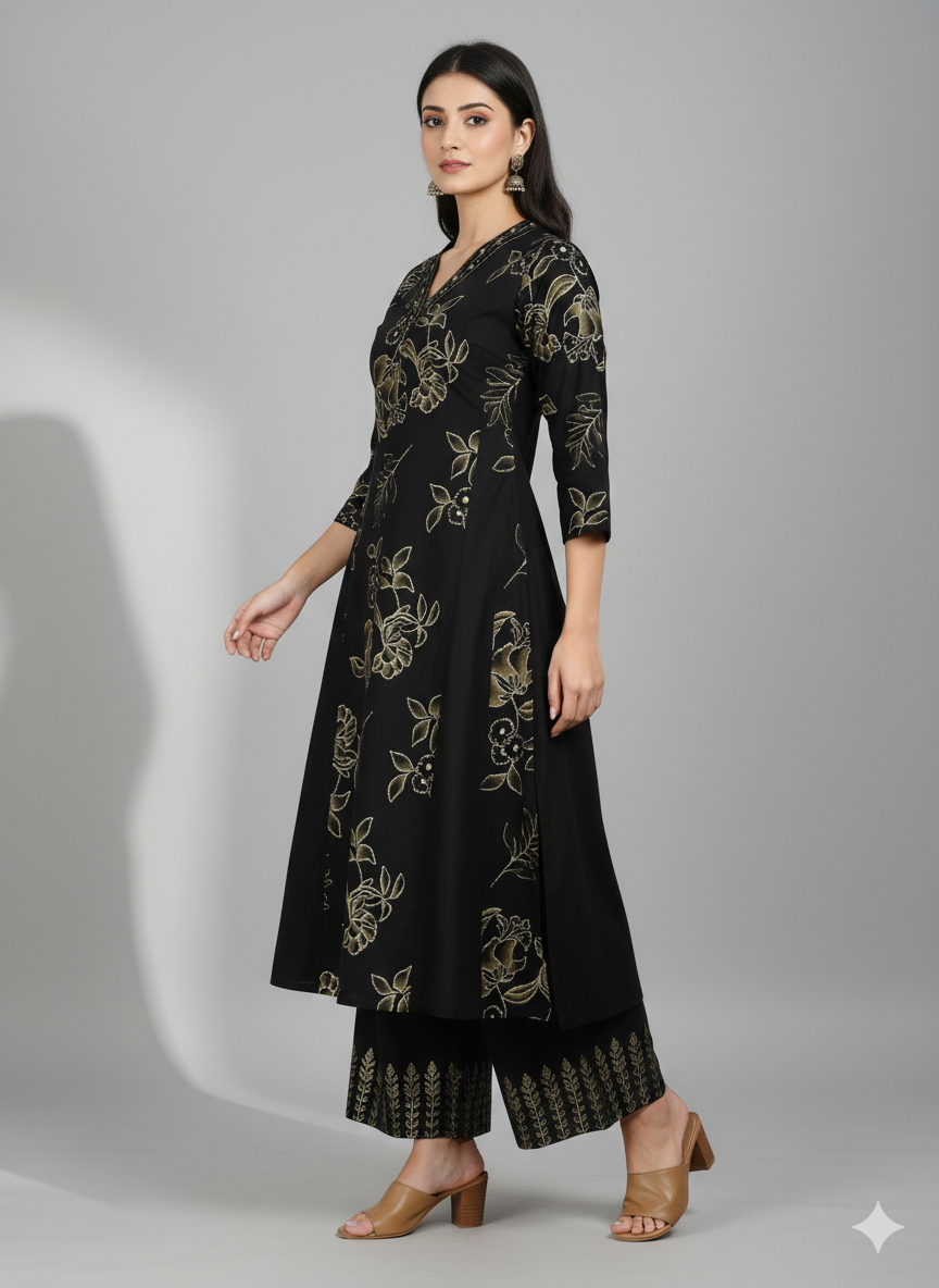 Navy Blue Floral Print Suit Set | 3 Piece Salwar Kameez with Pants | Office to Party Wear | Festive Dress