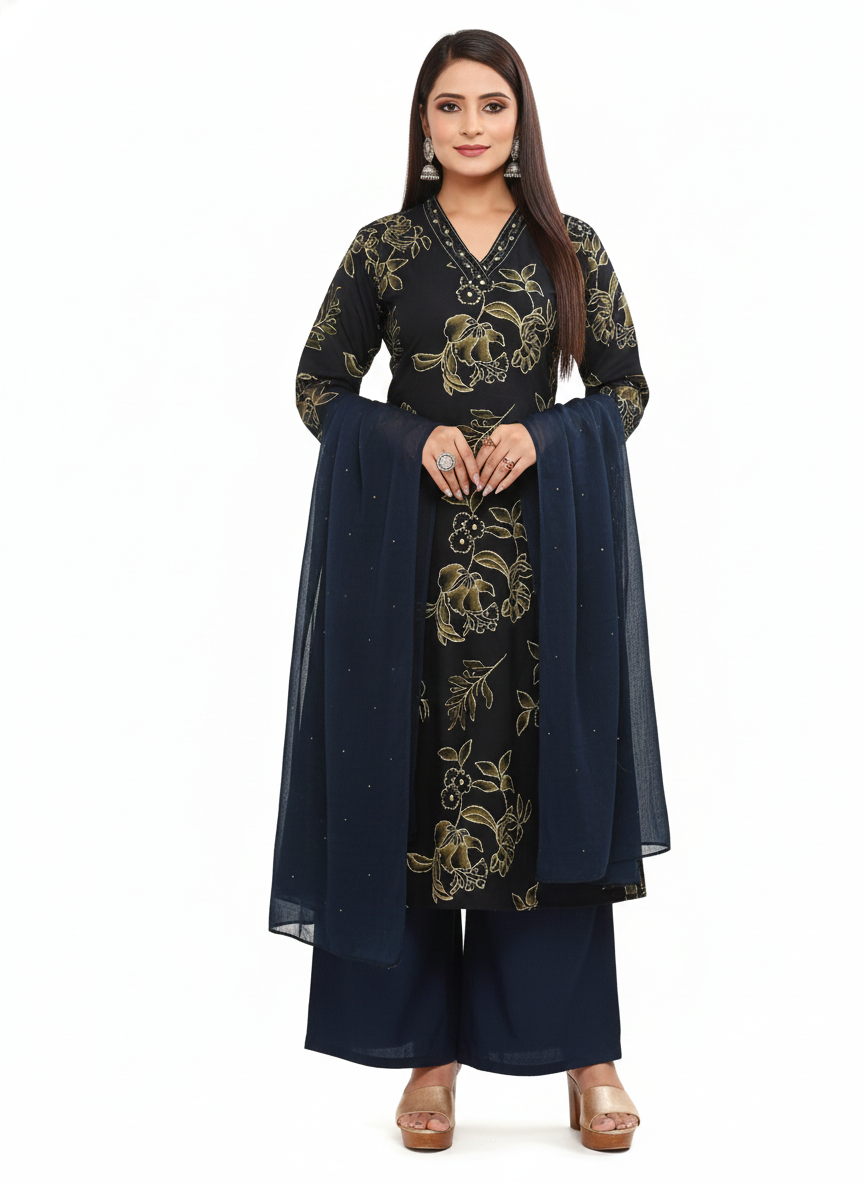 Navy Blue Floral Print Suit Set | 3 Piece Salwar Kameez with Pants | Office to Party Wear | Festive Dress