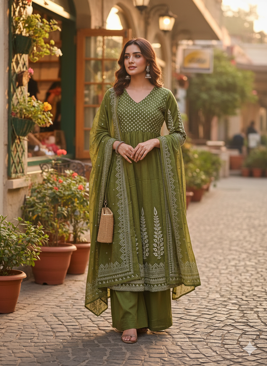 Olive Green Embroidered 3-Piece Kurta Set for Women – Anarkali Style Kurti with Palazzo & Dupatta | Festive & Designer Ethnic Wear