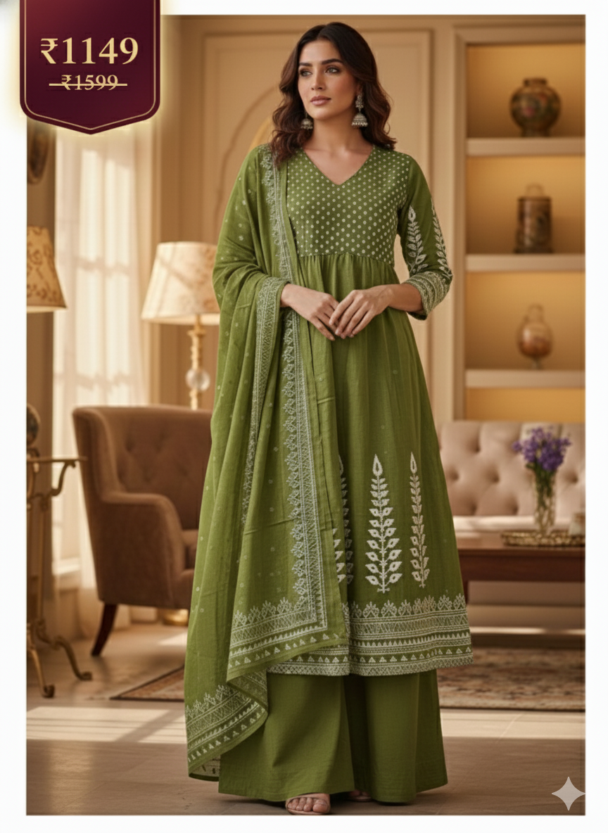 Olive Green Embroidered 3-Piece Kurta Set for Women – Anarkali Style Kurti with Palazzo & Dupatta | Festive & Designer Ethnic Wear