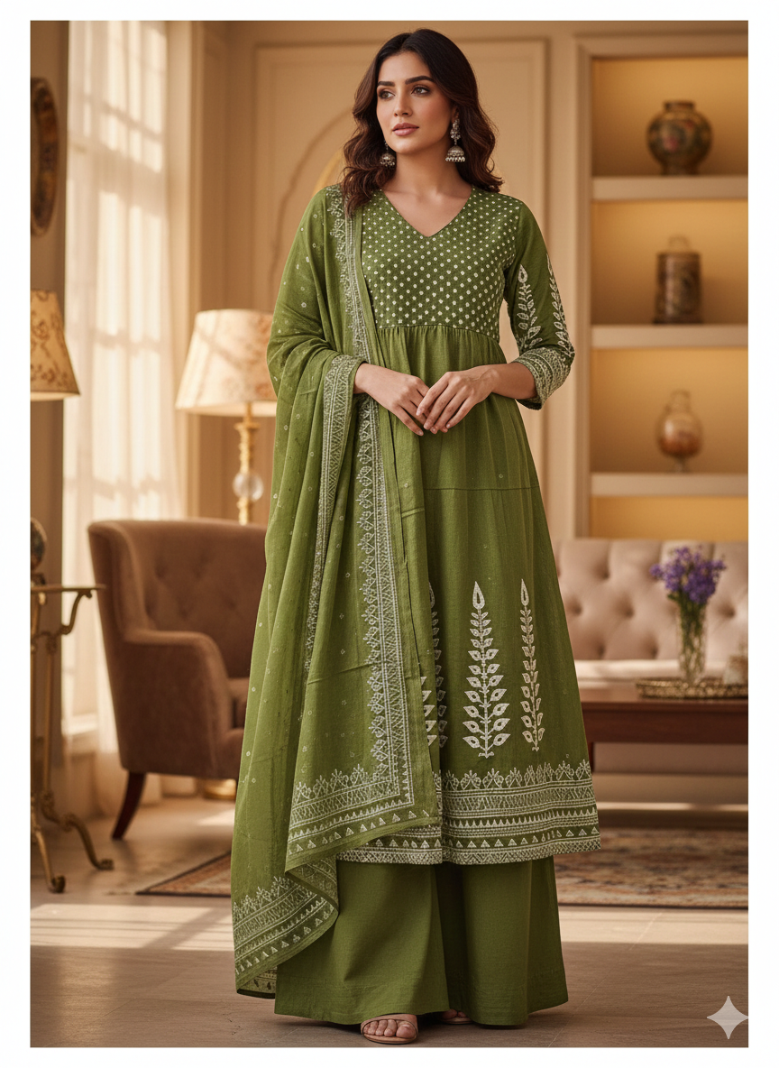 Olive Green Embroidered 3-Piece Kurta Set for Women – Anarkali Style Kurti with Palazzo & Dupatta | Festive & Designer Ethnic Wear
