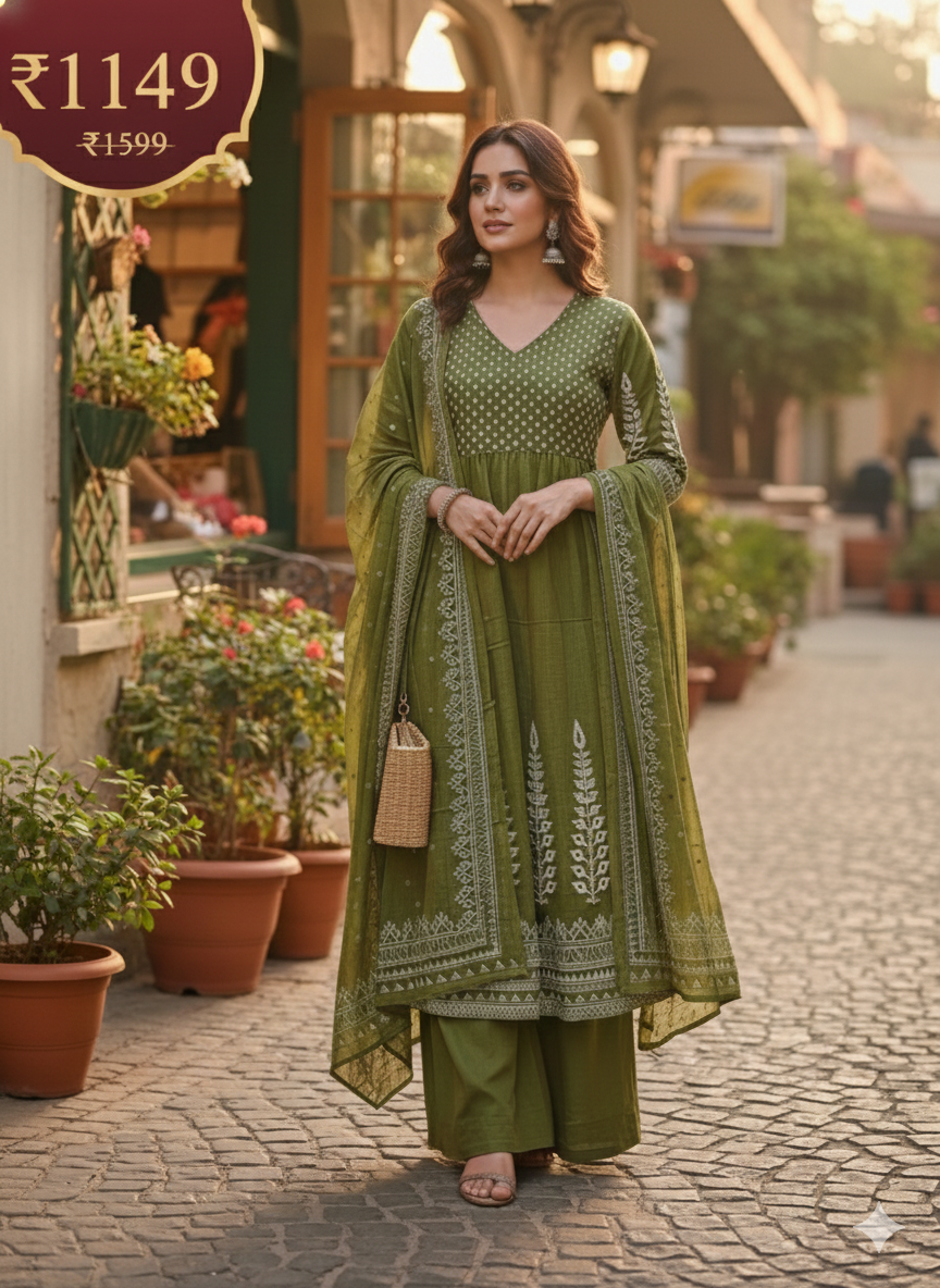 Olive Green Embroidered 3-Piece Kurta Set for Women – Anarkali Style Kurti with Palazzo & Dupatta | Festive & Designer Ethnic Wear