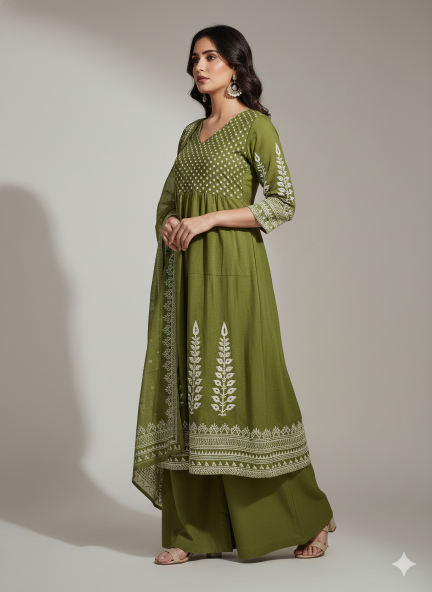 Olive Green Embroidered 3-Piece Kurta Set for Women – Anarkali Style Kurti with Palazzo & Dupatta | Festive & Designer Ethnic Wear