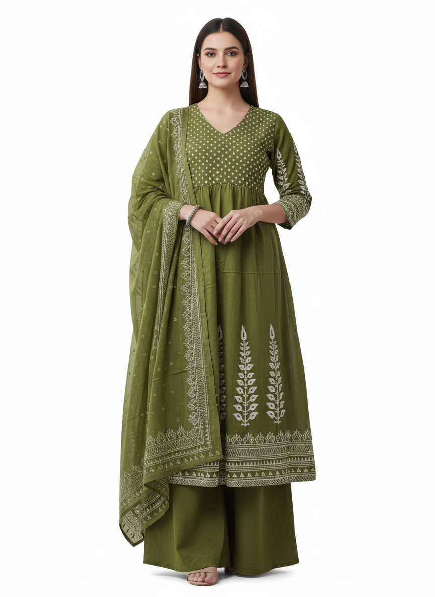 Olive Green Embroidered 3-Piece Kurta Set for Women – Anarkali Style Kurti with Palazzo & Dupatta | Festive & Designer Ethnic Wear
