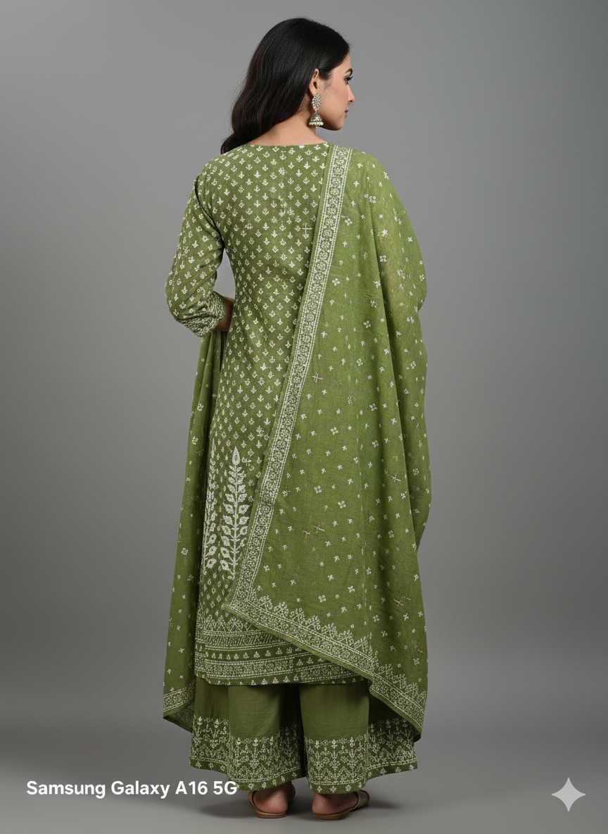 Olive Green Embroidered 3-Piece Kurta Set for Women – Anarkali Style Kurti with Palazzo & Dupatta | Festive & Designer Ethnic Wear