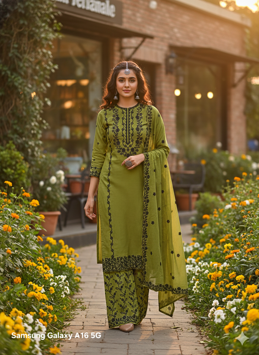 Olive Green Embroidered Palazzo Suit Set | 3 Piece Salwar Kameez | Office to Party Wear | Wedding Festive Dress
