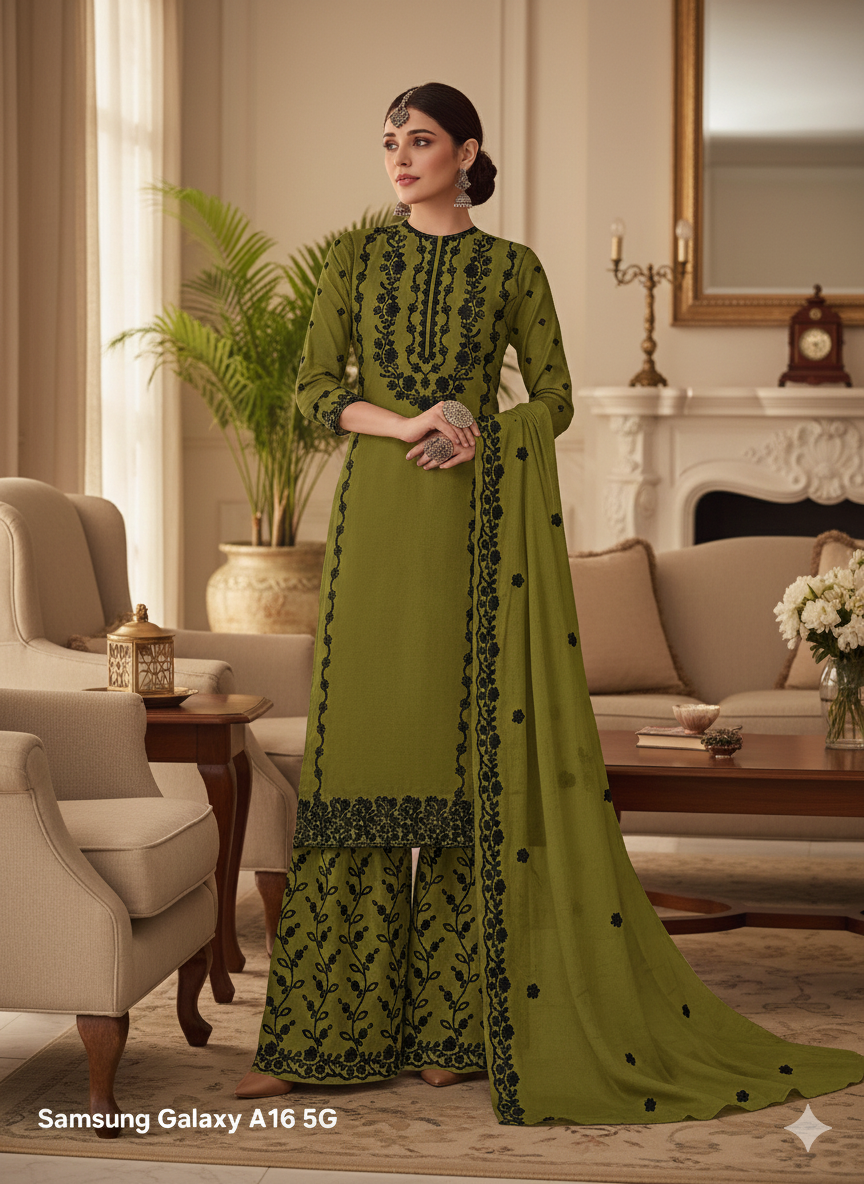 Olive Green Embroidered Palazzo Suit Set | 3 Piece Salwar Kameez | Office to Party Wear | Wedding Festive Dress