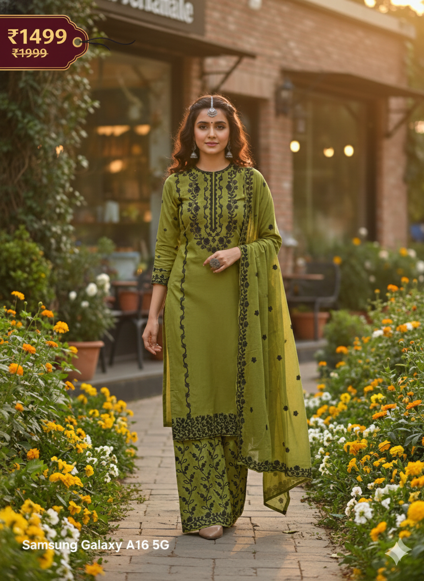 Olive Green Embroidered Palazzo Suit Set | 3 Piece Salwar Kameez | Office to Party Wear | Wedding Festive Dress