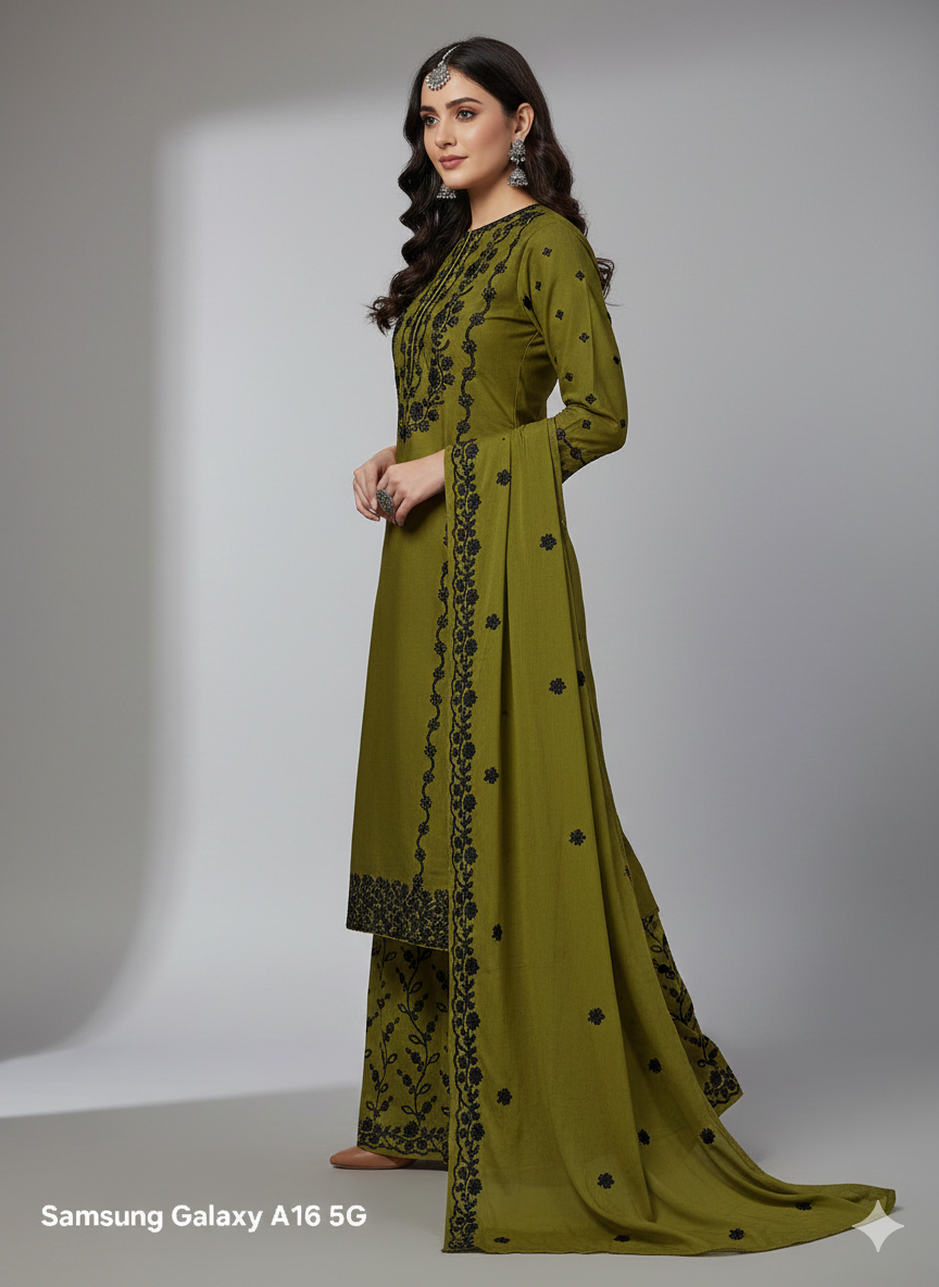 Olive Green Embroidered Palazzo Suit Set | 3 Piece Salwar Kameez | Office to Party Wear | Wedding Festive Dress