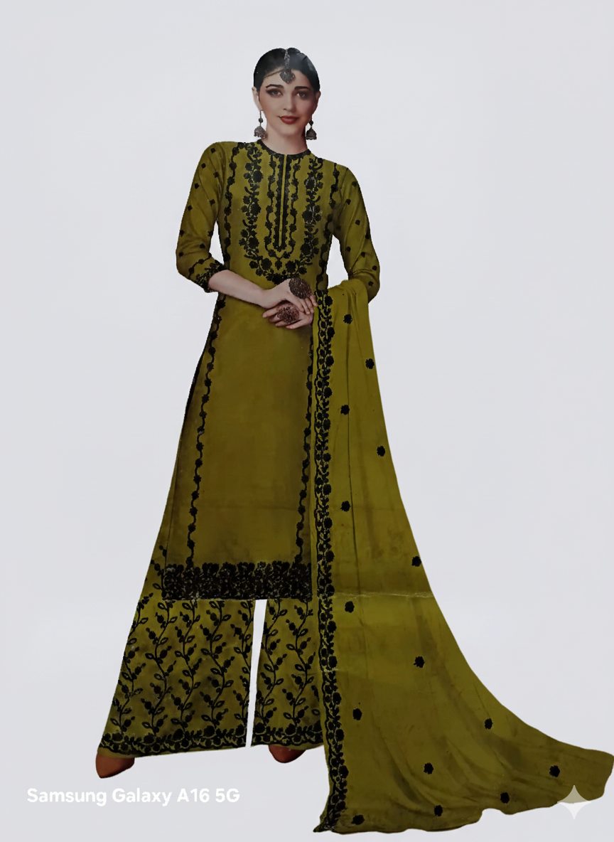 Olive Green Embroidered Palazzo Suit Set | 3 Piece Salwar Kameez | Office to Party Wear | Wedding Festive Dress